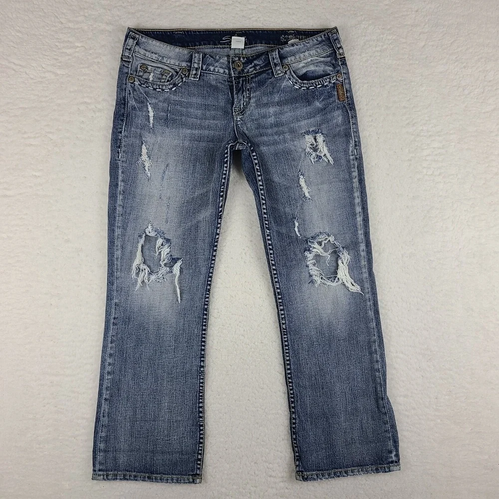 Silver Jeans Womens 30‎ Blue Santorini Capri Distress Light Wash Denim